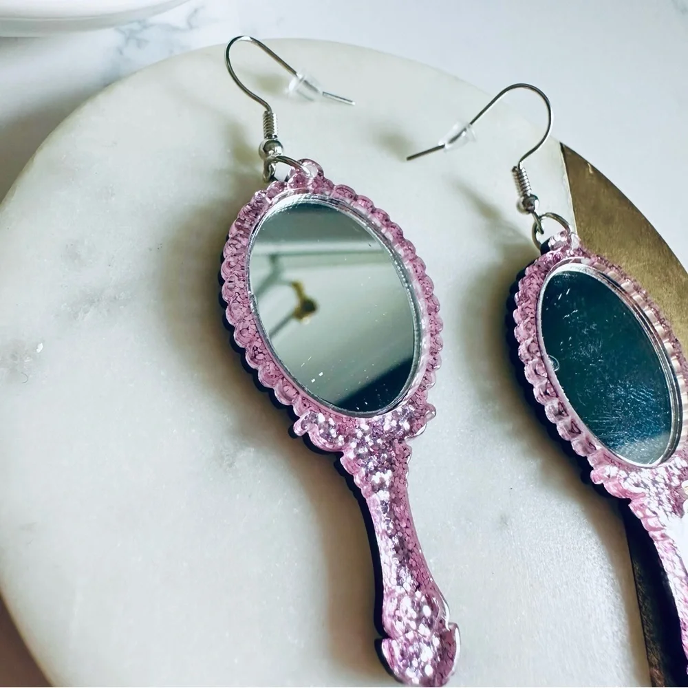2/$30🌵 Vintage Style Pink Glitter Ornate Handheld Mirror Earrings Acrylic NEW